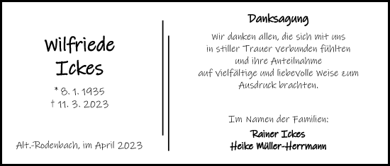 Traueranzeige von Wilfriede Ickes von Kreis-Anzeiger