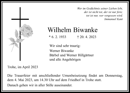 Traueranzeige von Wilhelm Biwanke von Giessener Anzeiger, Giessener Allgemeine, Alsfelder Allgemeine