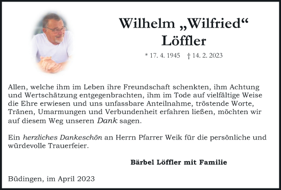Traueranzeige von Wilhelm Löffler von Kreis-Anzeiger