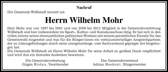 Traueranzeige von Wilhelm Mohr von Wetterauer Zeitung