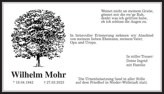 Traueranzeige von Wilhelm Mohr von Wetterauer Zeitung