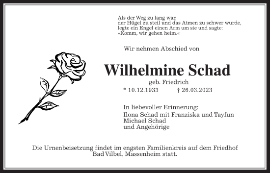 Traueranzeige von Wilhelmine Schad von Bad Vilbel/Karben