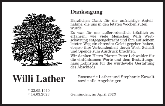 Traueranzeige von Willi Lather von Usinger Anzeiger