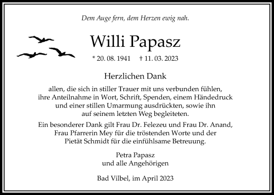 Traueranzeige von Willi Papasz von Bad Vilbel/Karben