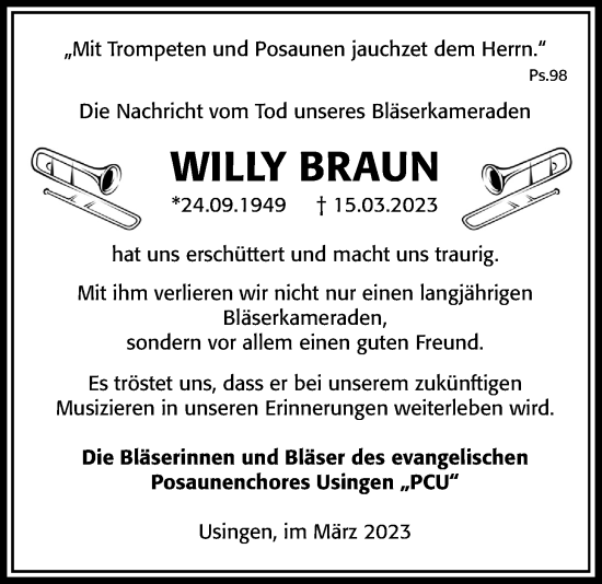 Traueranzeige von Willy Braun von Usinger Anzeiger