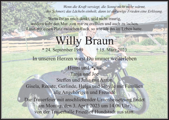 Traueranzeige von Willy Braun von Usinger Anzeiger