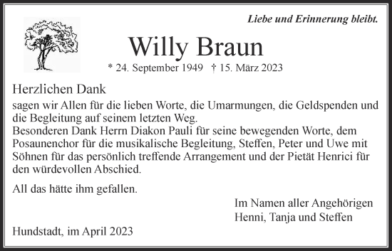 Traueranzeige von Willy Braun von Usinger Anzeiger