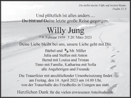 Traueranzeige von Willy Jung 