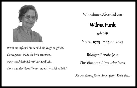 Traueranzeige von Wilma Funk von Laubacher Anzeiger