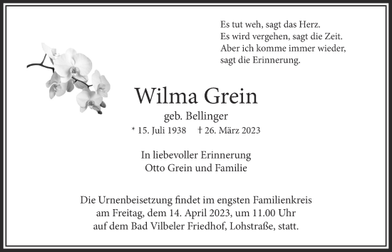 Traueranzeige von Wilma Grein von Bad Vilbel/Karben