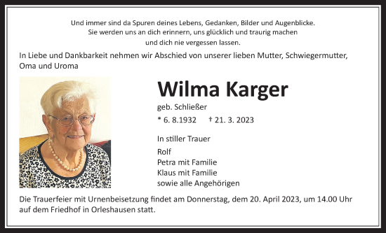 Traueranzeige von Wilma Karger von Kreis-Anzeiger