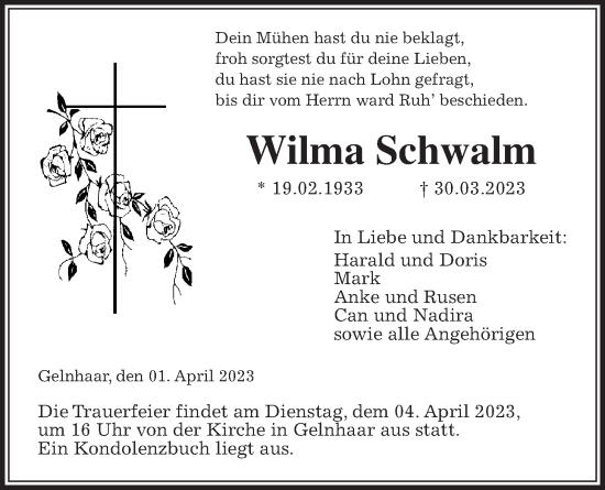 Traueranzeige von Wilma Schwalm von Kreis-Anzeiger