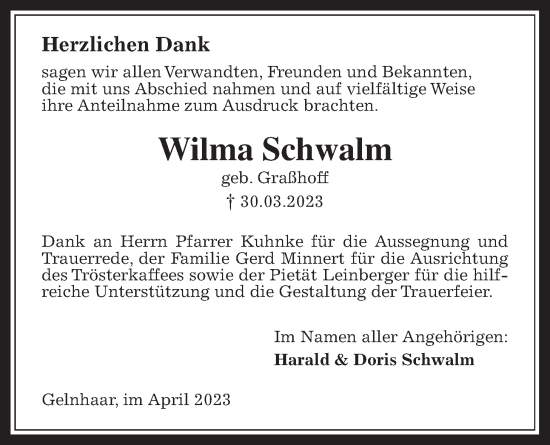 Traueranzeige von Wilma Schwalm von Kreis-Anzeiger