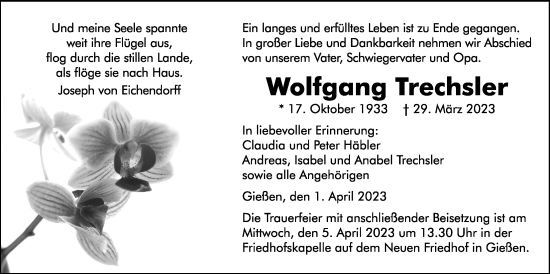 Traueranzeige von Wolfgang Trechsler von Giessener Allgemeine, Alsfelder Allgemeine