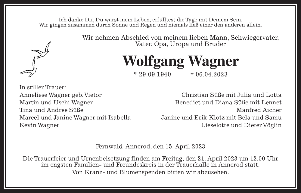  Traueranzeige für Wolfgang Wagner vom 15.04.2023 aus Giessener Allgemeine, Alsfelder Allgemeine