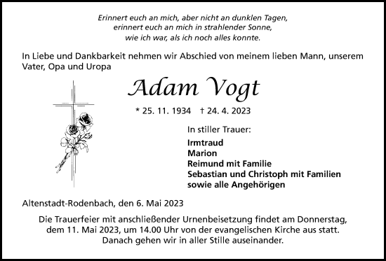 Traueranzeige von Adam Vogt von Kreis-Anzeiger