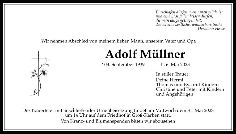  Traueranzeige für Adolf Müllner vom 27.05.2023 aus Wetterauer Zeitung