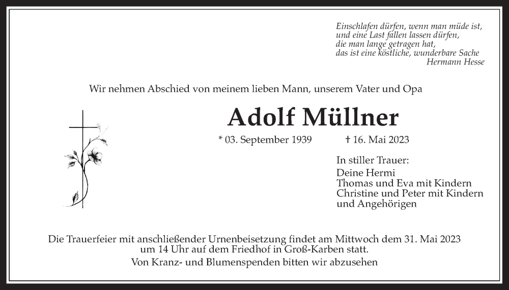  Traueranzeige für Adolf Müllner vom 25.05.2023 aus Bad Vilbel/Karben