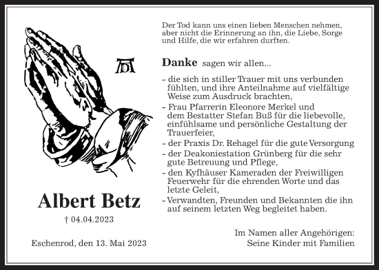 Traueranzeige von Albert Betz von Kreis-Anzeiger