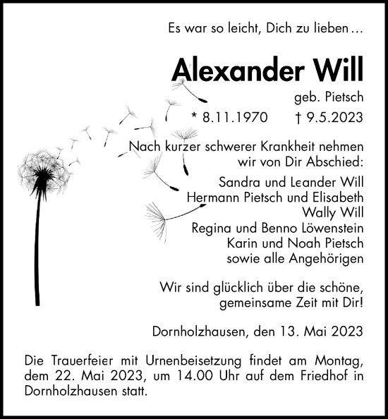 Traueranzeige von Alexander Will von Giessener Anzeiger, Giessener Allgemeine, Alsfelder Allgemeine