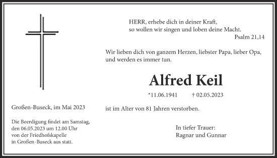 Traueranzeige von Alfred Keil von Giessener Anzeiger, Giessener Allgemeine, Alsfelder Allgemeine