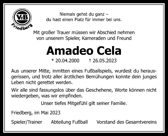 Traueranzeige von Amadeo Cela von Wetterauer Zeitung