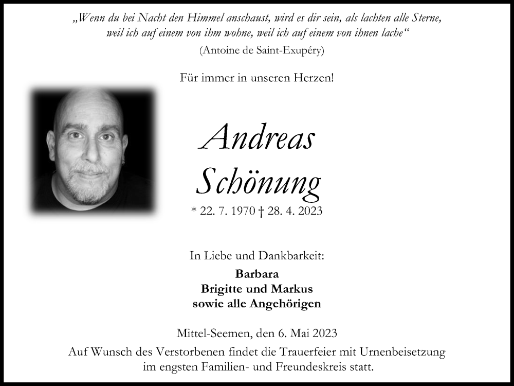  Traueranzeige für Andreas Schönung vom 06.05.2023 aus Kreis-Anzeiger