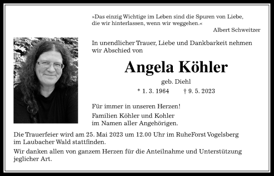 Traueranzeige von Angela Köhler von Giessener Allgemeine, Alsfelder Allgemeine, Giessener Anzeiger, Kreis-Anzeiger