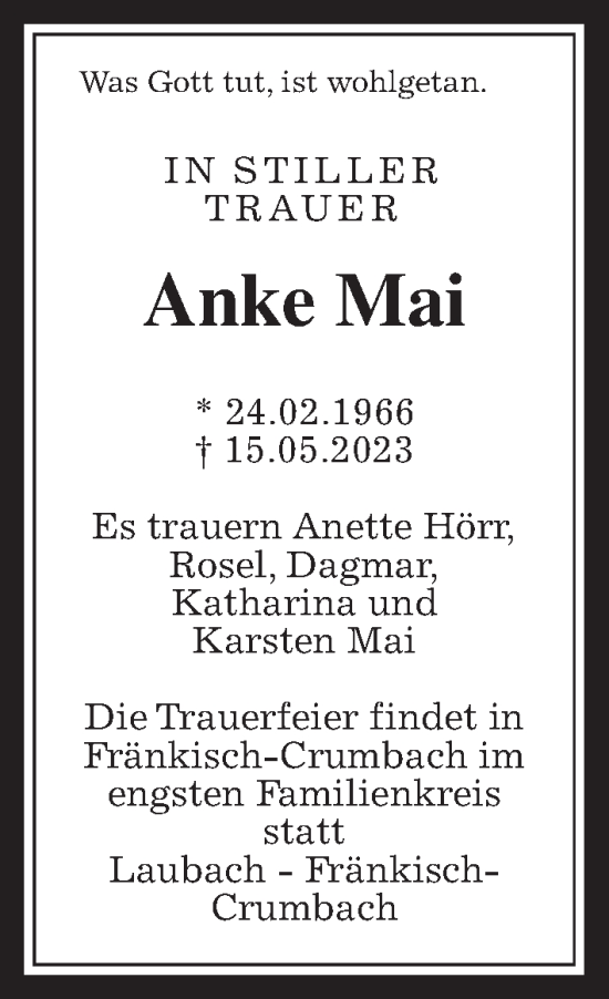 Traueranzeige von Anke Mai von Giessener Allgemeine, Alsfelder Allgemeine, Wetterauer Zeitung