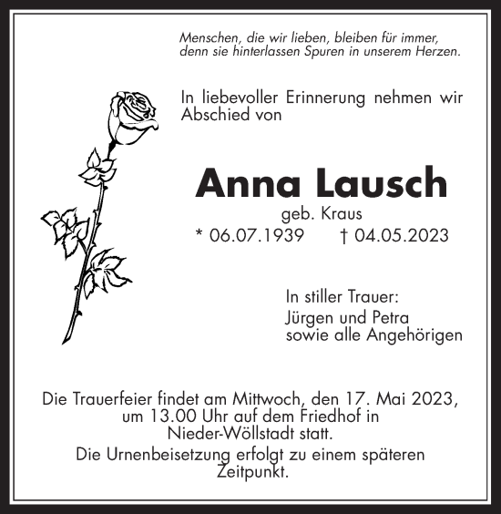 Traueranzeige von Anna Lausch von Wetterauer Zeitung