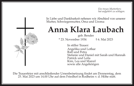 Traueranzeige von Anna Klara Laubach von Wetterauer Zeitung