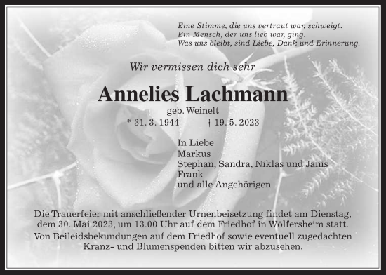 Traueranzeige von Annelies Lachmann von Wetterauer Zeitung