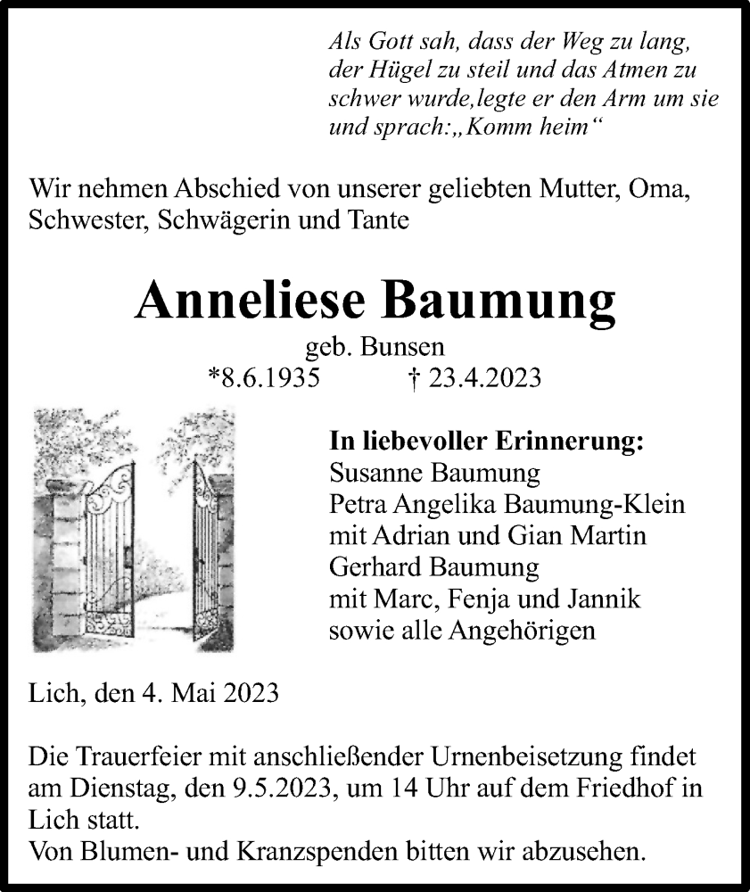  Traueranzeige für Anneliese Baumung vom 04.05.2023 aus Licher Wochenblatt