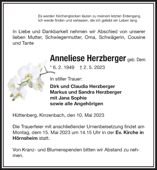 Traueranzeige von Anneliese Herzberger von Giessener Anzeiger
