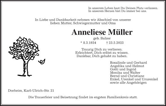 Traueranzeige von Anneliese Müller von Wetterauer Zeitung