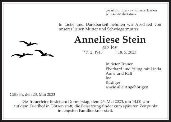 Traueranzeige von Anneliese Stein von Kreis-Anzeiger
