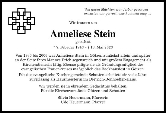Traueranzeige von Anneliese Stein von Kreis-Anzeiger