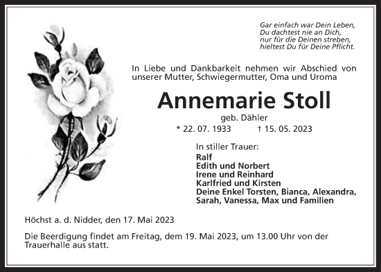 Traueranzeige von Annemarie Stoll von Kreis-Anzeiger