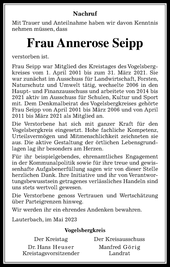 Traueranzeige von Annerose Seipp von Alsfelder Allgemeine