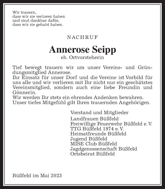 Traueranzeige von Annerose Seipp von Alsfelder Allgemeine