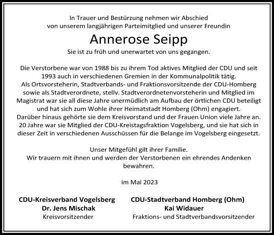 Traueranzeige von Annerose Seipp von Alsfelder Allgemeine