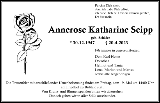 Traueranzeige von Annerose Seipp von Alsfelder Allgemeine