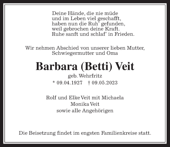 Traueranzeige von Barbara Veit 