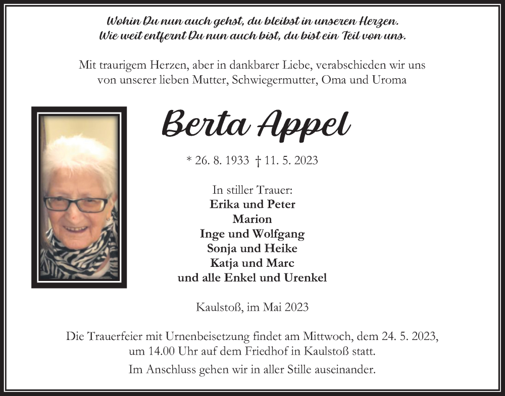  Traueranzeige für Berta Appel vom 20.05.2023 aus Kreis-Anzeiger