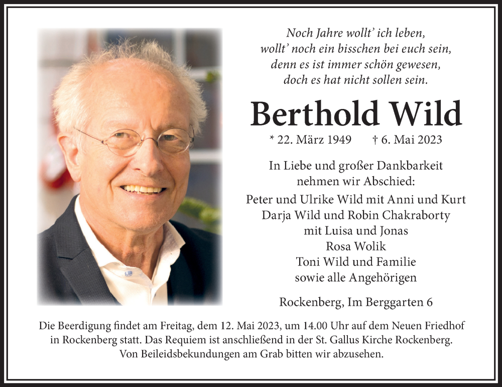  Traueranzeige für Berthold Wild vom 09.05.2023 aus Wetterauer Zeitung