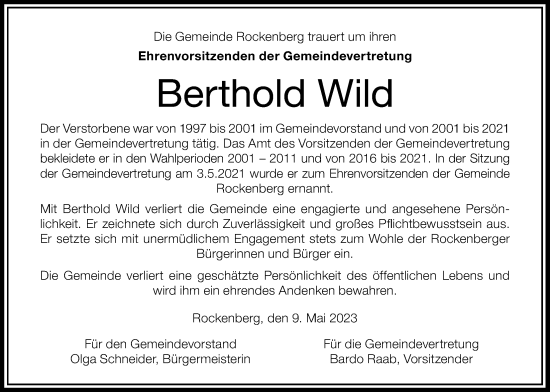 Traueranzeige von Berthold Wild von Wetterauer Zeitung