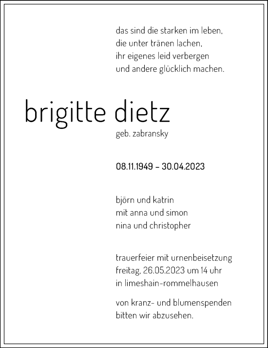 Traueranzeige von Brigitte Dietz von Kreis-Anzeiger, Wetterauer Zeitung