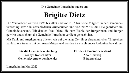 Traueranzeige von Brigitte Dietz von Kreis-Anzeiger