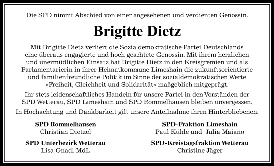 Traueranzeige von Brigitte Dietz von Wetterauer Zeitung, Kreis-Anzeiger