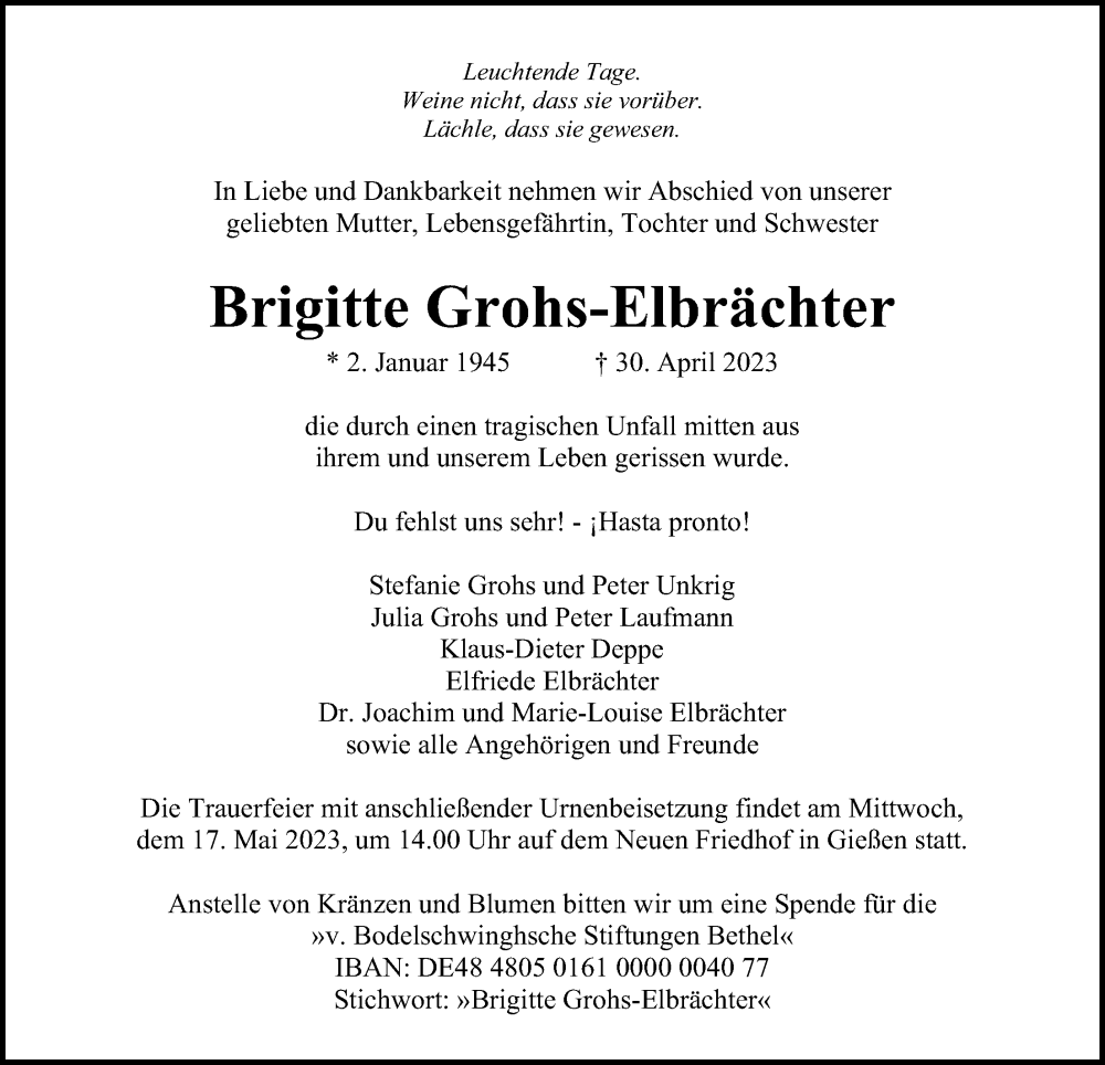  Traueranzeige für Brigitte Grohs-Elbrächter vom 13.05.2023 aus Giessener Anzeiger, Giessener Allgemeine, Alsfelder Allgemeine
